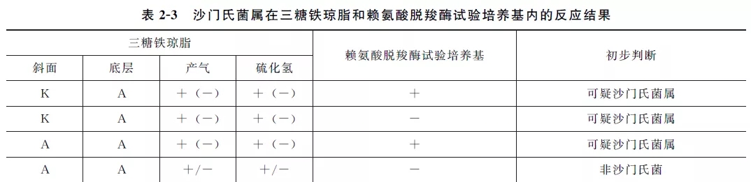 沙門氏菌屬在三糖鐵瓊脂和賴氨酸羧酶試驗培養(yǎng)基內(nèi)的反應結(jié)果